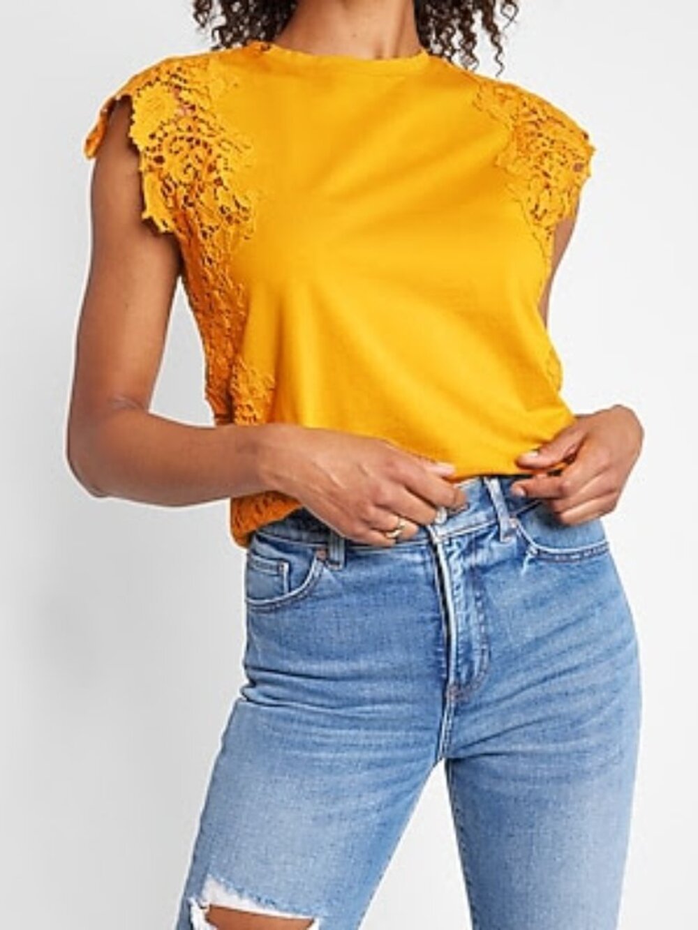 Express Women’s Mustard Lace Sleeve Tee